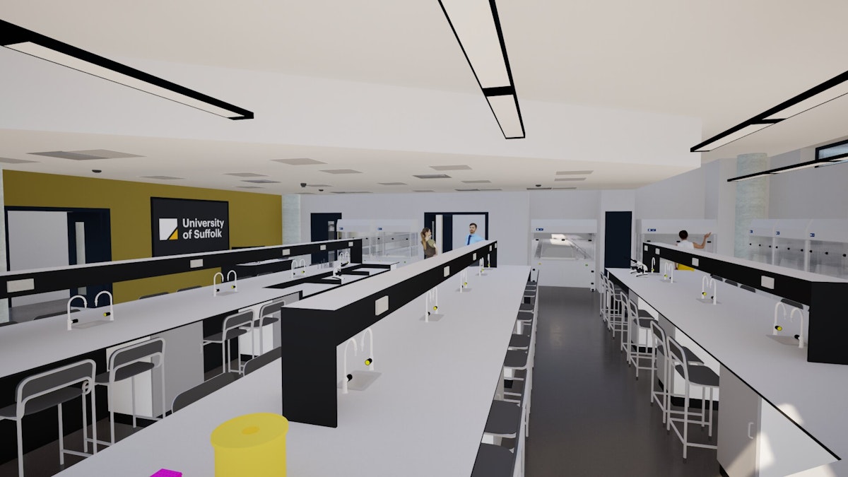 A CGI indicative image of what the Pharmacy labs at the University of Suffolk will look like